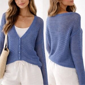 New Max Studio London Light Blue “denim” colored crochet Button Cardigan Sweater